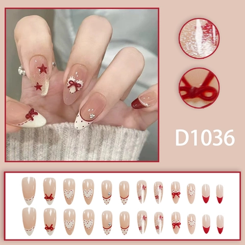 Unghie Finte Press On Forma Mandorla Fiocco Rosso Cuore French Polka Dot Stella Resina ABS Manicure Fai Da Te Donna