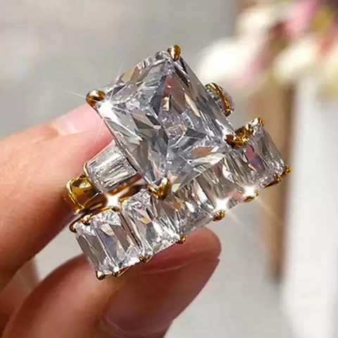 Damen Luxus Smaragdschliff Zirkonia Hochzeit Verlobung Braut Ringe Kupfer Plattiert Hochwertiger Modeschmuck Zubehör