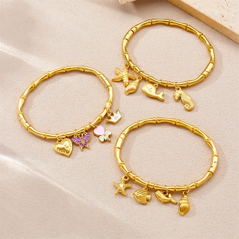 Bracciale Rigido In Acciaio Inossidabile Placcato Oro Design Bambù Con Ciondoli Vita Marina Frutta Gioielli Donna