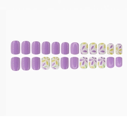 Purple White Flower Press On Nails Square Round Shape Removable Sweet Style Artificial Fake Nails For Women