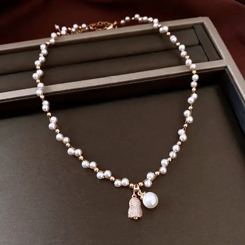 Imitation Artificial Pearl Beaded Necklace Copper Zircon Gourd Pendant Elegant French Style Clavicle Chain Women