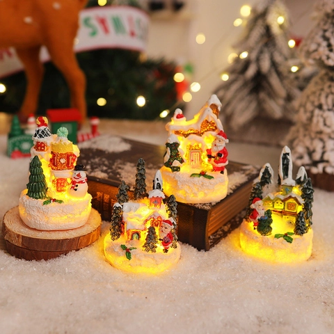 LED Weihnachten Miniatur Lebkuchenhaus Harz Ornament Weihnachtsmann Schneemann Leuchtende Tischdekoration Warmes Licht Geschenk