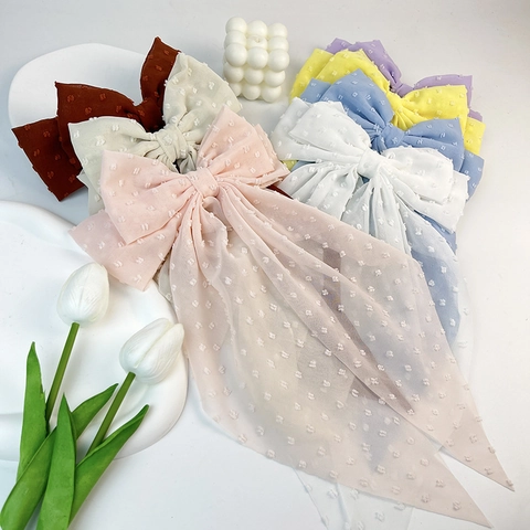 Pinza Para El Pelo Con Lazo Grande Gasa Con Puntos Cintas Largas Tocado Elegante Para Mujeres Niñas