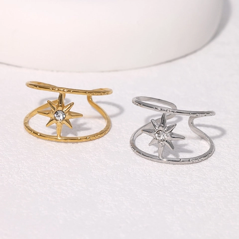 Adjustable Open Ring Stainless Steel 18K Gold Plated Double Layer North Star Zircon Inlay Minimalist Fashion For Women