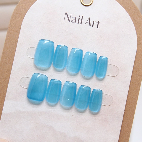 Handmade Press On Nails Jelly Blue Cat Eye Effect Short Square Fake Nails Removable Manicure Fashionable For Women