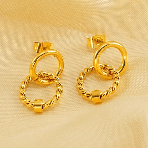 Double Interlocking Hoop Stud Earrings 18K Gold Plated Stainless Steel Geometric Twisted Texture Elegant Jewelry Women