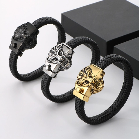 Bracciale da Uomo in Vera Pelle Intrecciata con Testa di Leone in Acciaio al Titanio Punk Fibbia Re Leone Gioielli da Motociclista