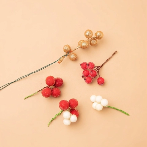 Artificial Christmas Berries Frosted Red White Fruit Glitter Gold Stems DIY Wreath Garland Decoration Foam Iron Wire