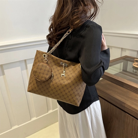 Grand Sac Cabas Vintage En Cuir PU À Motif Monogramme Pour Femmes Sac À Épaule De Mode Et Petit Porte-Monnaie Rond