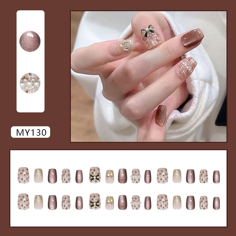 Unghie Finte Occhio Di Gatto Marrone Con Decorazione Fiocco 3D Perla Artificial Strass Glitter Champagne Motivo A Quadri Elegante Donna