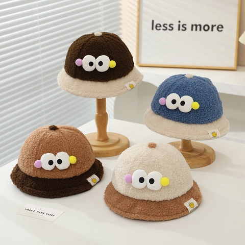 Cappello Da Pescatore In Lana D'Agnello Per Neonati Occhi Grandi Cartone Animato Inverno Caldo Pile Morbido Bambini
