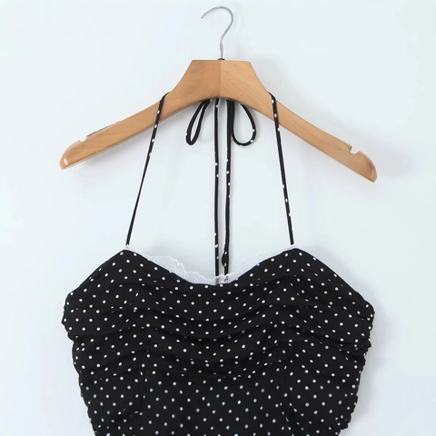 Abito Mini da Donna a Pois con Scollo all'Americana Patchwork in Pizzo Estate Senza Maniche Casual Streetwear Moda Corto a Trapezio