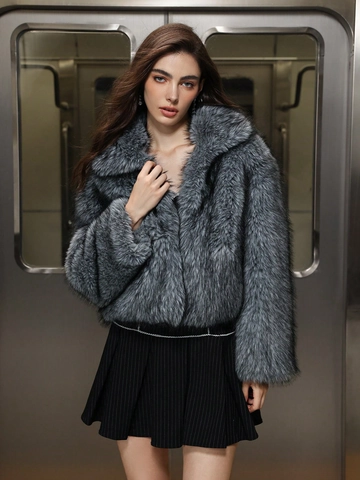 Women Faux Fox Fur Jacket Elegant Lapel Collar Thick Warm Cropped Outerwear Casual Winter Coat Solid Grey