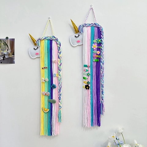 Unicorn Hairclip Organizer Felt Yarn Rainbow Wall Hanging Nursery Decor Kids Hair Accessories Storage Belt