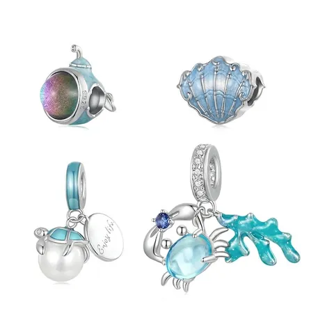 Ocean Theme Charm Beads 925 Sterling Silver Blue Enamel Crab Sea Turtle Shell For DIY Bracelet Making Jewelry