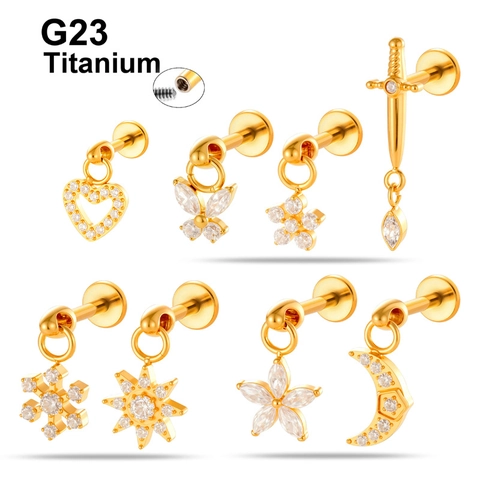 G23 Τιτάνιο Labret Lip Ring Καρφί Εσωτερικό Σπείρωμα Επίπεδη Πίσω Ζιργκόν Μενταγιόν Καρδιά Πεταλούδα Κοσμήματα Piercing