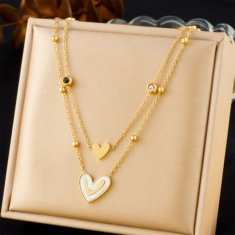Double Layer Stainless Steel Necklace With Heart Pendant White Mother Of Artificial Pearl Gold Plated Fashion Jewelry For Women