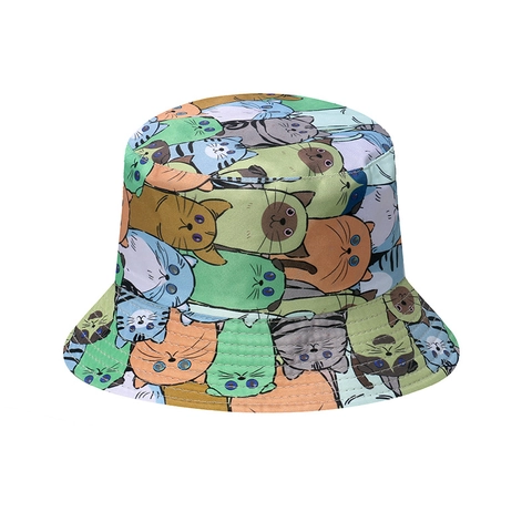Bucket Hat Polyester Cute Cat Print Sun Protection Foldable Summer Outdoor Travel Casual Women Accessory