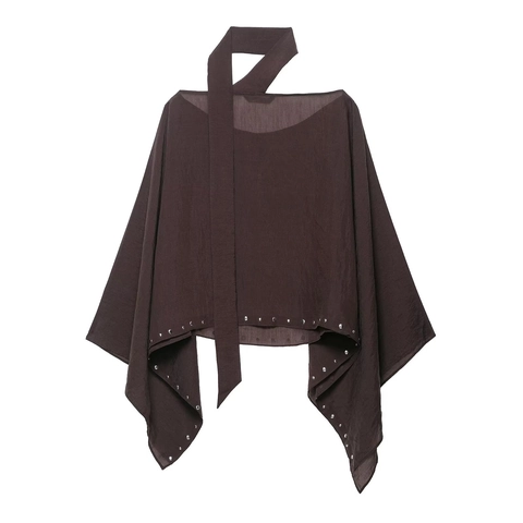 Damen Poncho Oberteil Chiffon Ärmellos Rundhals Unregelmäßiger Saum Silberne Nieten Chic Mode Cape Bluse