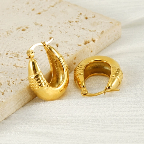 Tear-drop Hoop Earrings Stainless Steel 18K Gold Plated Textured Scaled Geometric Retro Fashion For Women