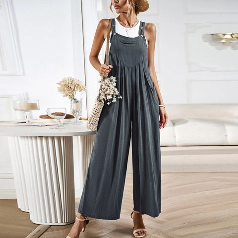 Women Summer Cotton Linen Overalls Jumpsuit Loose Wide Leg Sleeveless Solid Color Casual Romper With Pockets Button Straps