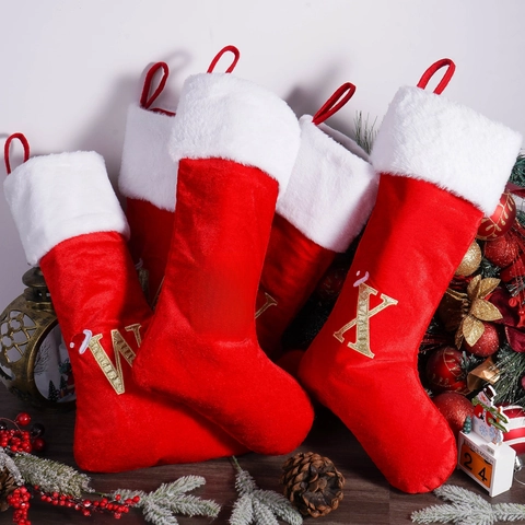 Calza Di Natale Rosso Velluto Pelliccia Sintetica Ricamo Paillettes Oro Lettera Decorazione Appesa Sacchetto Regalo Camino
