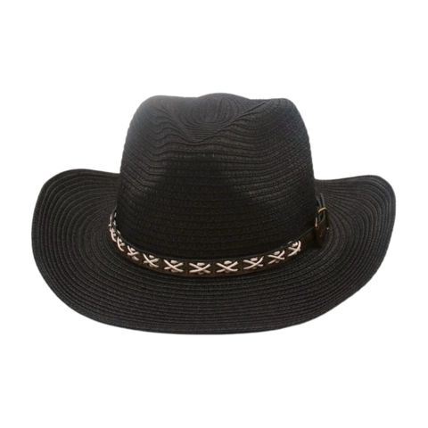 Chapeau de Cowboy en Paille Vintage pour Femmes Plage d'été Large Bord Protection Solaire Avec Ceinture Décorative Point de Croix Jazz Fedora