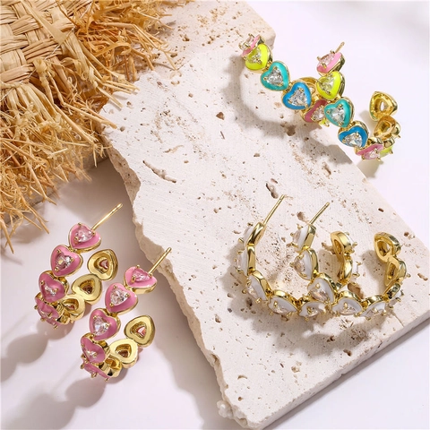 C Shaped Hoop Earrings Copper Gold Plated Heart Enamel Colorful Zirconia Inlay Sweet Trendy Jewelry For Women