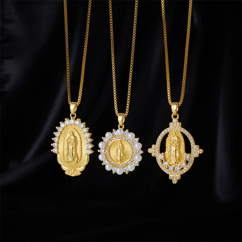 Collana Con Pendente Vergine Maria Rame Con Zirconia Cubica E Imitazione Perla Artificial Gioielli Religiosi Guadalupe Per Donne