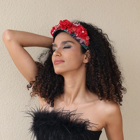 Serre-Tête Fleurs En Tissu Fait Main Strass Dentelle Perles Accessoires Cheveux Vintage Pour Femmes