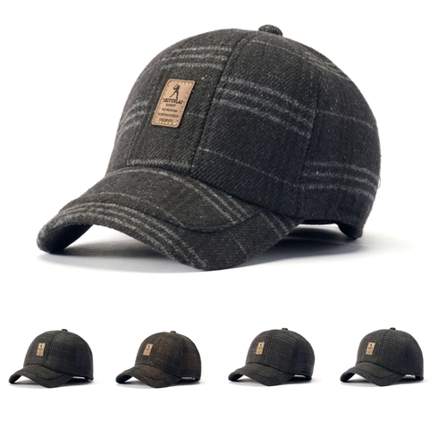 Men Winter Baseball Cap Plaid Woolen Tweed Duckbill Hat With Leather Patch Warm Ear Protection Casual Retro