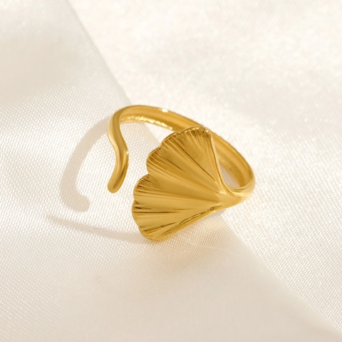 Ginkgo Leaf Open Ring Stainless Steel Gold Plated Adjustable Fashion Elegant Jewelry For Women Minimalist Style