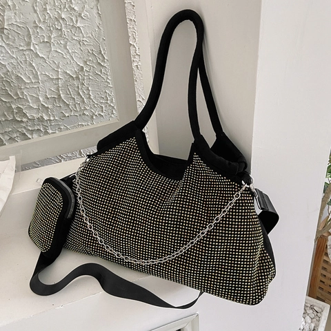 Glitzernde Strass Einkaufstasche Große Schulterhandtasche Mit Metallkette Und Passendem Mini-Beutel Für Damen Trendy