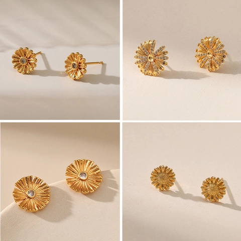 Vintage 18K Gold Plated Copper Flower Stud Earrings Luxury Rhinestone Floral Dangle Earrings For Women Party Wedding Gift