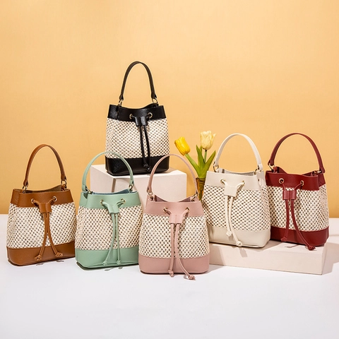 Fashion Straw Woven Bucket Bag Women Splicing PU Leather Drawstring Shoulder Crossbody Handbag Summer Beach Vacation