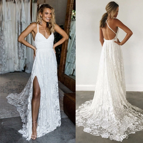 Abito Da Sposa In Pizzo Scollo A V Spalline Sottili Spacco Alto Schiena Scoperta Abito Da Sposa Bohémien Ricamo Floreale Avorio Maxi