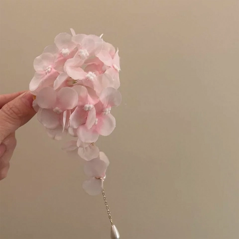 Rosa Stoffblume Haarklammer Mit Lange Legierungskette Quaste Und Wassertropfen Kunstperle Für Frauen Elegante Süße Accessoires