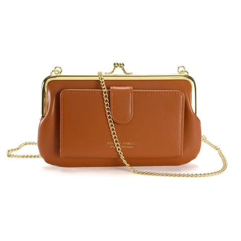 Vintage Women Crossbody Phone Bag PU Leather Multi Card Slots Metal Chain Kiss Lock Small Shoulder Bag Retro Streetwear