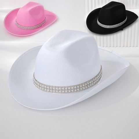 Western Cowboy Hat Polyester Felt Artificial Pearl Rhinestone Band Wide Brim Sun Protection Party Wear Chic Solid Color
