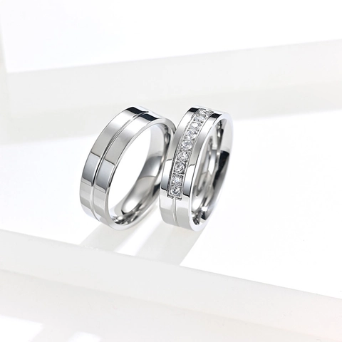 Anelli Di Matrimonio In Acciaio Inossidabile Zircone Lucidato Incastonatura A Canale Scanalatura Centrale Gioielli Di Fidanzamento Per Coppie
