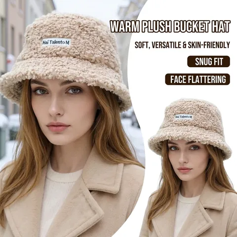 Sombrero De Pescador Invierno Mujer Lana Cordero Cálida Gorro Plegable Parche Letras Color Sólido
