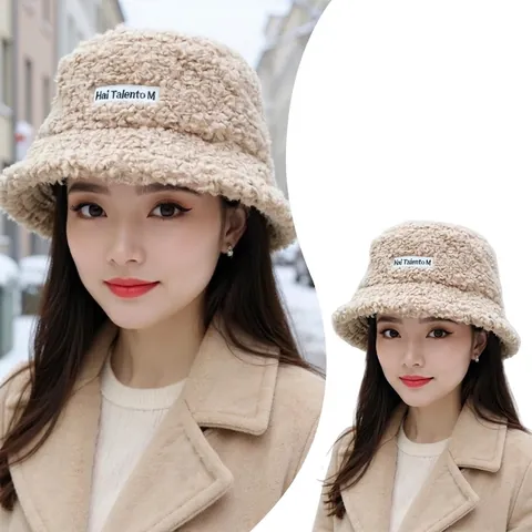Women Winter Bucket Hat Faux Lamb Wool Warm Fleece Fisherman Cap Foldable Letter Patch Solid Color