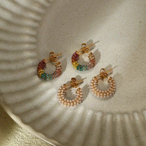 Luxe Roestvrij Stalen C-Vormige Oorbellen Voor Vrouwen Kleurrijke Strass Ingelegde Kunstparel Oorknopjes Sieraden