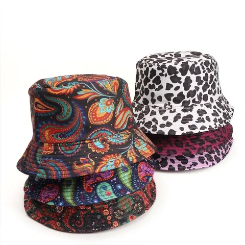Reversible Bucket Hat Polyester Paisley Leopard Print Sun Protection Foldable Outdoor Fisherman Cap For Women