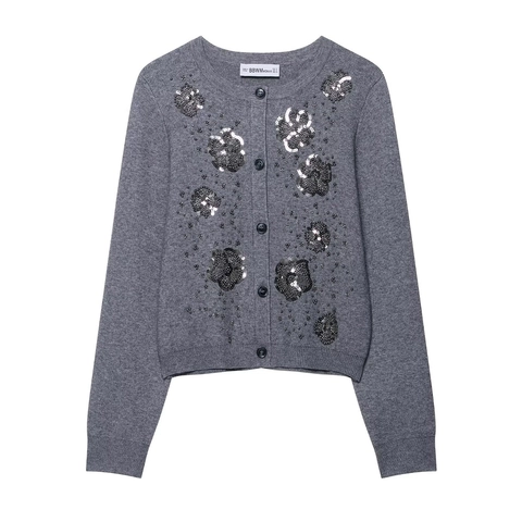 Cardigan In Maglia Da Donna Girocollo Manica Lunga Paillettes Fiori Bottoni Casual Elegante Grigio