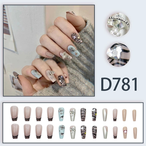 Lange Trapezförmige Press-On Nägel Mit Legierung Straß Kreuz Herz Dekor Zebra Muster Y2K Gothic Stil Für Frauen