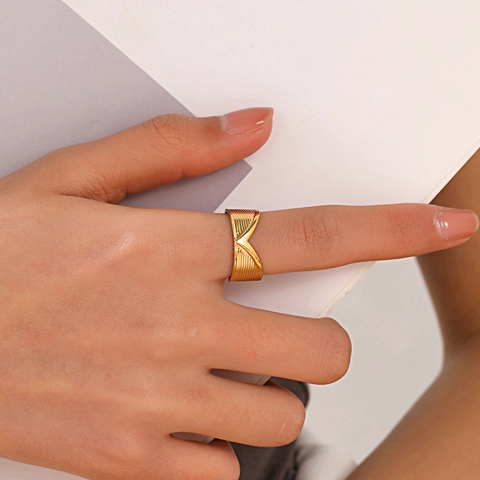 V-Shaped Ring Stainless Steel 18K Gold Plated Adjustable Open Finger Ring Geometric Textured Retro Style Jewelry For Women