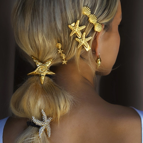 Barrettes à Cheveux en Acier Inoxydable Étoile de Mer Coquille Or Thème Océan Imperméable Hypoallergénique Épingle à Cheveux Élastique en Métal Accessoire de Coiffure Femme