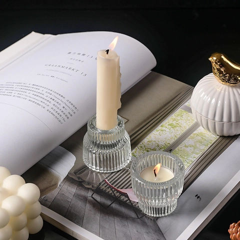 Vertical Ribbed Glass Candle Holder Scented Taper Tealight Candles Home Wedding Party Decor Modern Minimalist Romantic