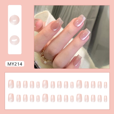 Cat Eye Press On Nails Nude Pink French Tip Künstliche Perle Aurora Glänzend ABS Kunststoff Quadratisch Oval Falsche Nägel